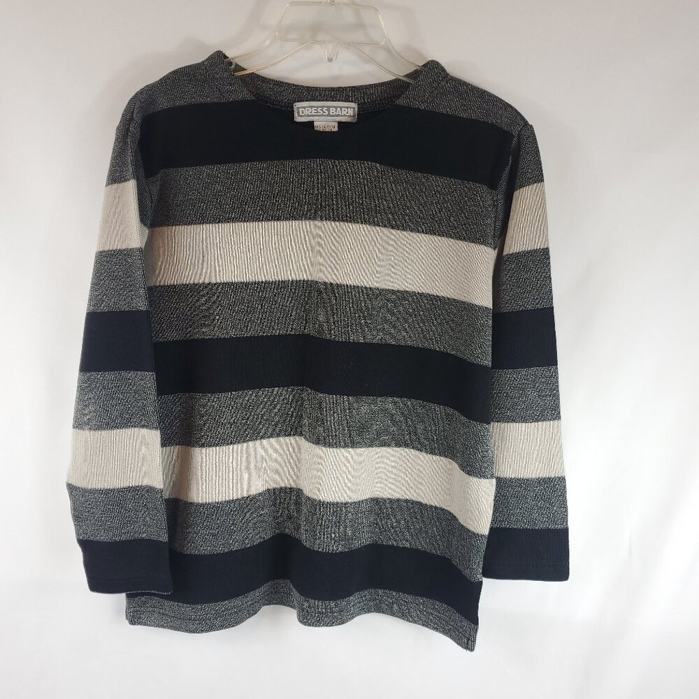 Vintage Dress Barn Lng Slv Womens Stripe Black Grey Cream Knit Sweater Sz Medium
